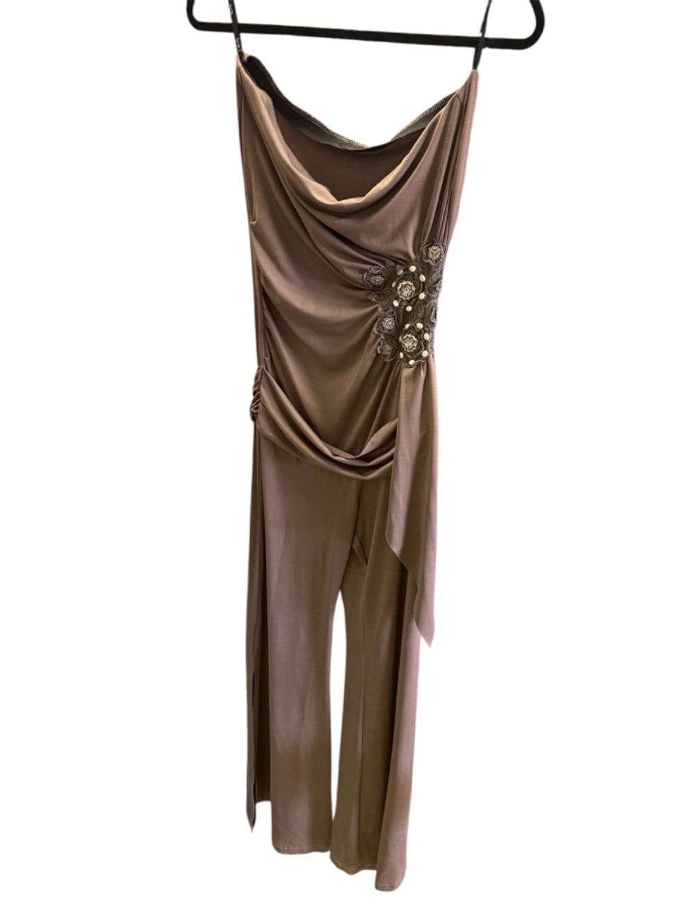Strapless Taupe Colored Jumpsuit- Beaded Floral Gathered On Side- Size Small